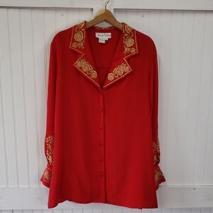 Vintage Diane Von Furstenberg Red Silk Gold Embroidered Puff Sleeve Blouse 1X